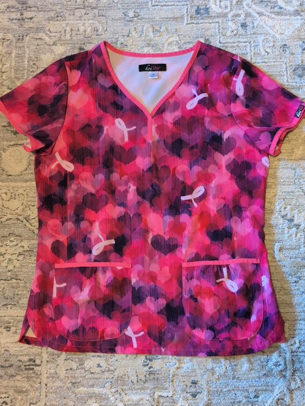 Koi Lite Women's Pink Ribbon  Breast Cancer Survivor V-Neck Scrub Top